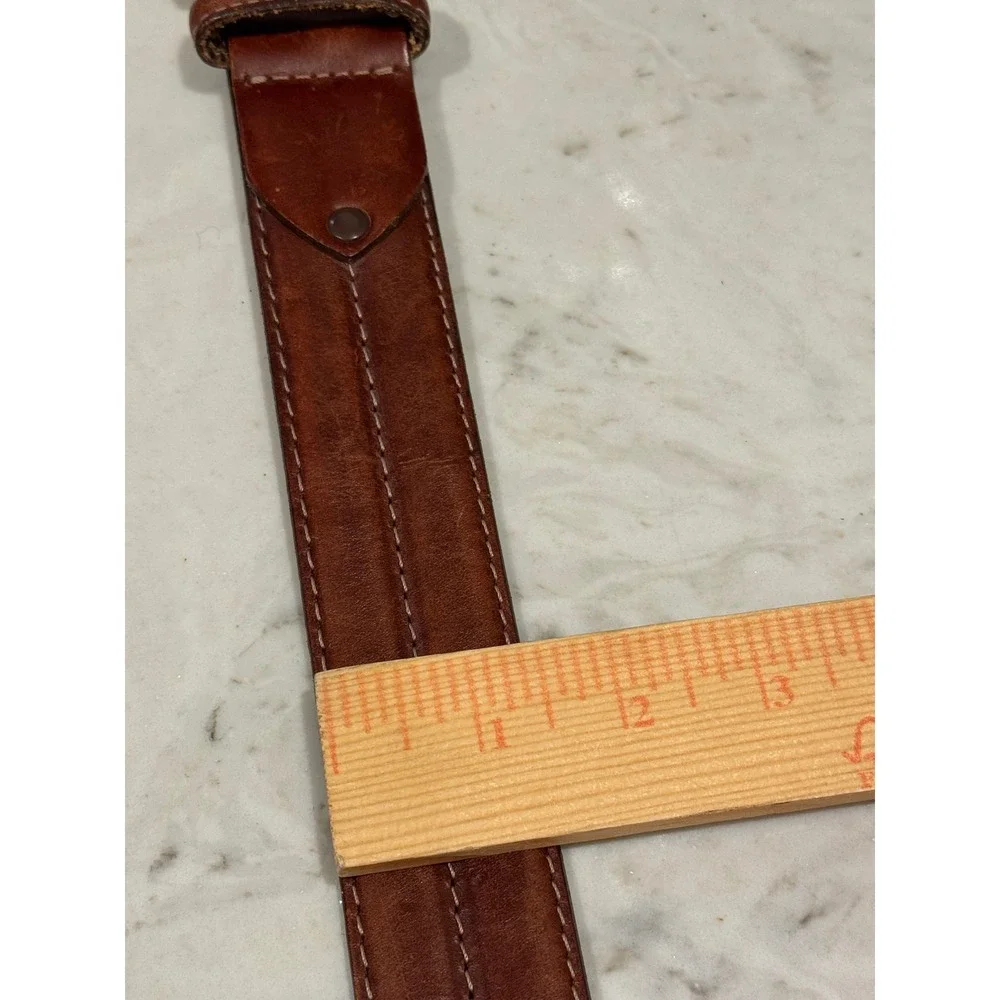 Genuine Leather Belt Mens 34 Brown Double Stitched Brass Buckle Rugged Western